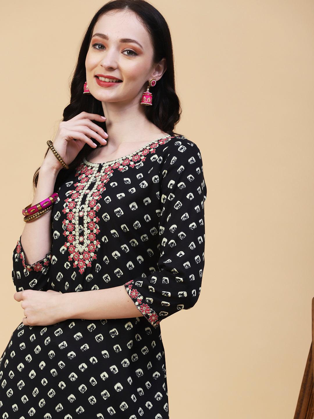 Abstract Printed Mirror, Resham & Zari Embroidered Kurta - Black - Indiakreations