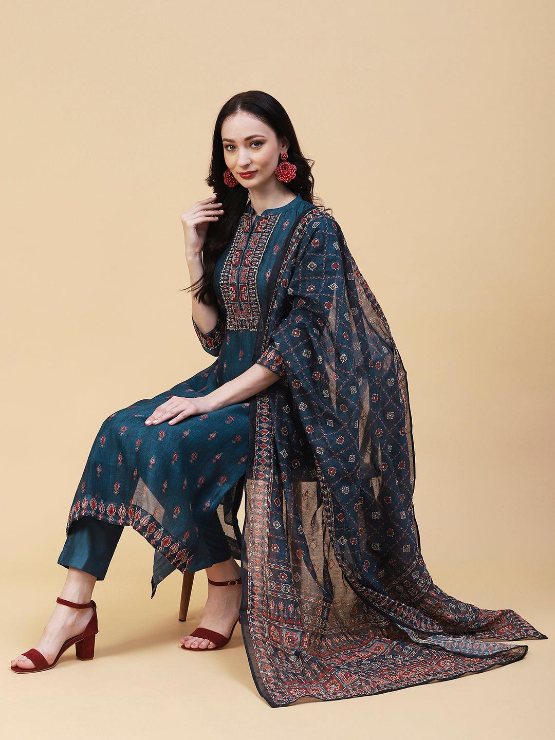 Ethnic Printed & Hand Embroidered Straight Kurta with Pant & Dupatta - Teal Blue - Indiakreations