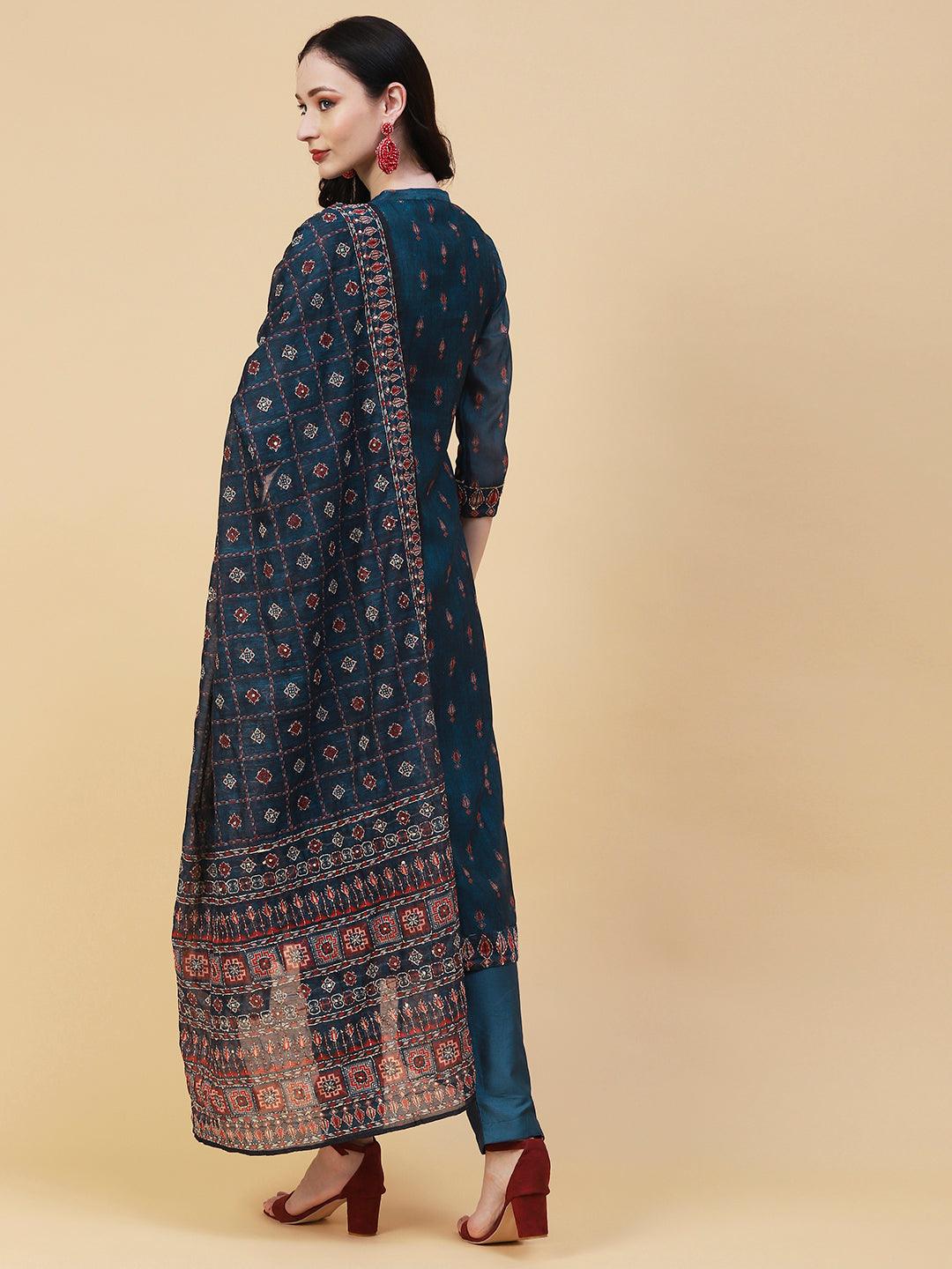 Ethnic Printed & Hand Embroidered Straight Kurta with Pant & Dupatta - Teal Blue - Indiakreations