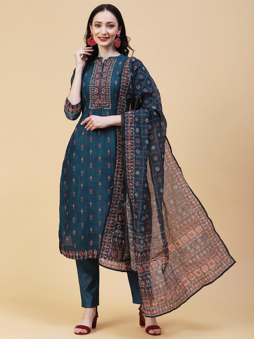 Ethnic Printed & Hand Embroidered Straight Kurta with Pant & Dupatta - Teal Blue - Indiakreations