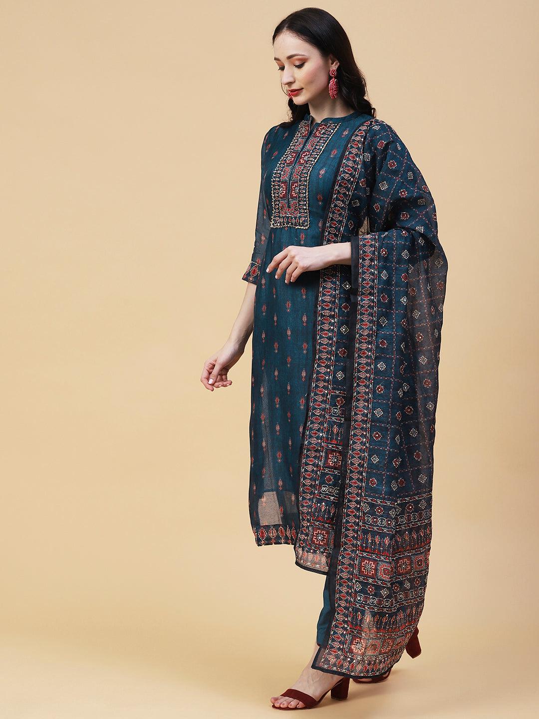 Ethnic Printed & Hand Embroidered Straight Kurta with Pant & Dupatta - Teal Blue - Indiakreations