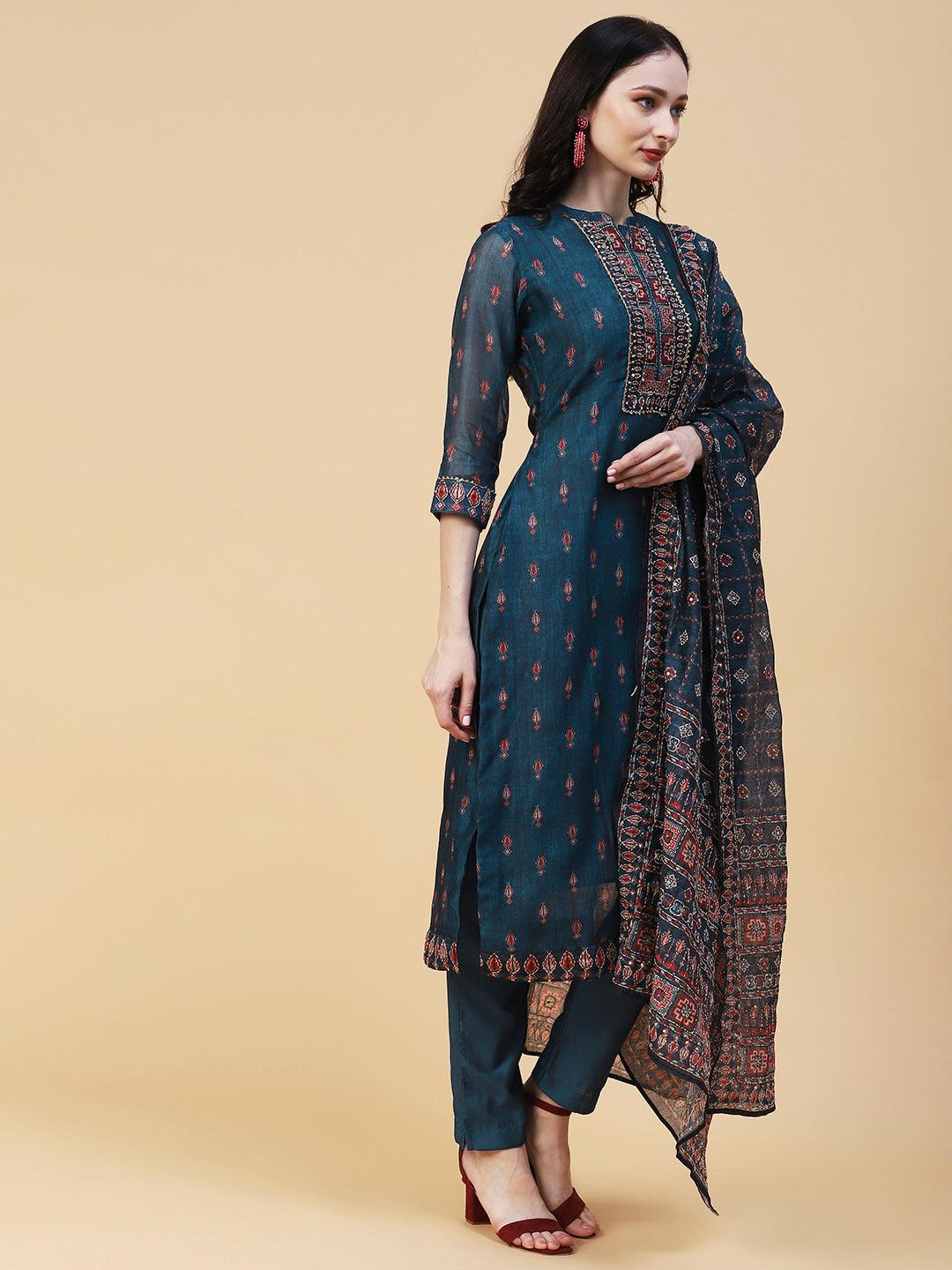 Ethnic Printed & Hand Embroidered Straight Kurta with Pant & Dupatta - Teal Blue - Indiakreations