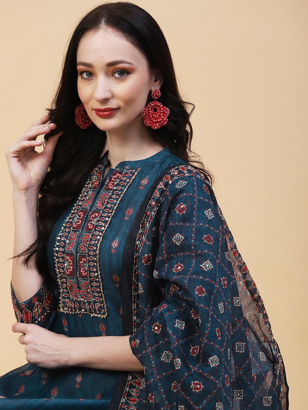 Ethnic Printed & Hand Embroidered Straight Kurta with Pant & Dupatta - Teal Blue - Indiakreations