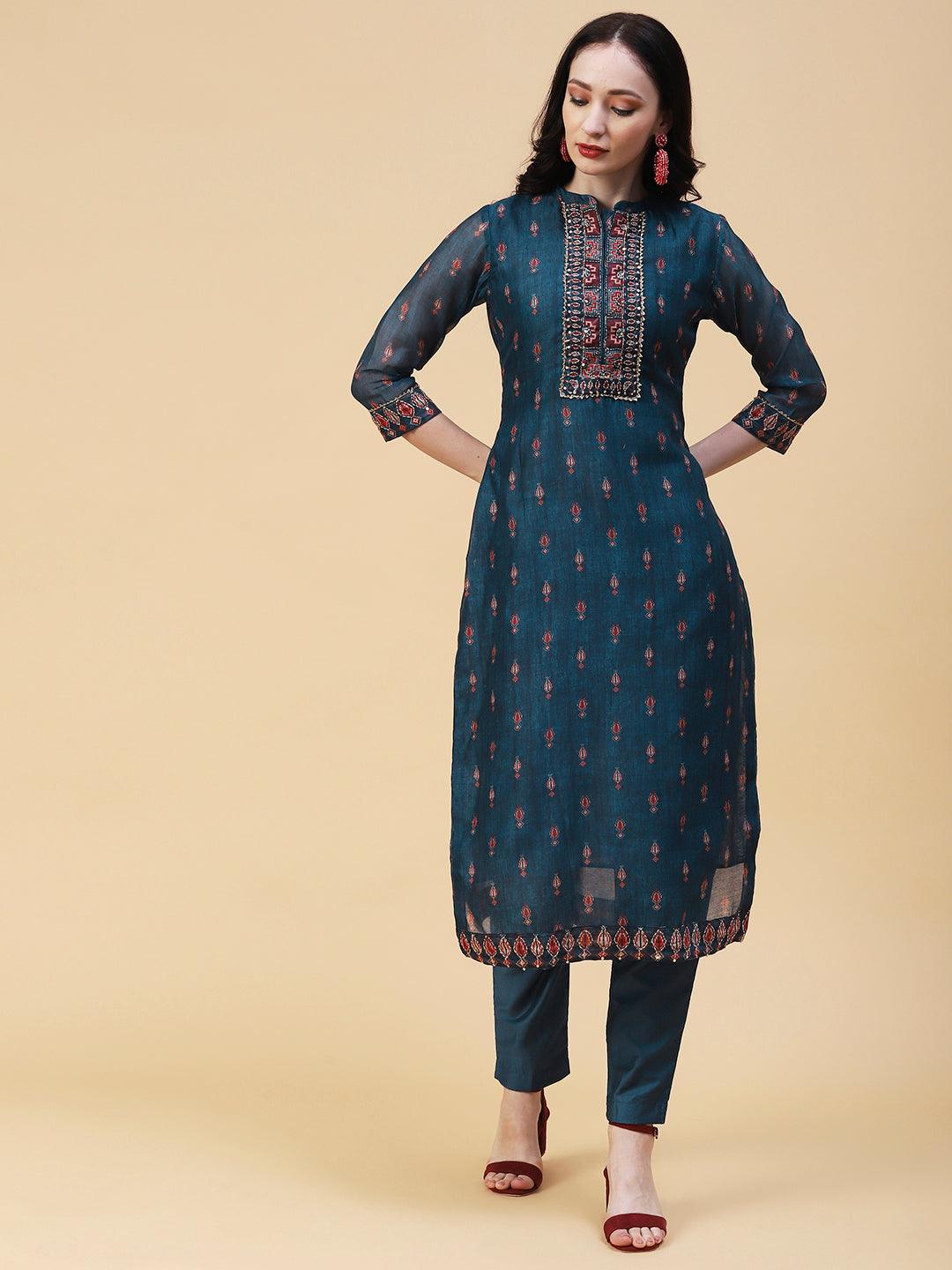 Ethnic Printed & Hand Embroidered Straight Kurta with Pant & Dupatta - Teal Blue - Indiakreations