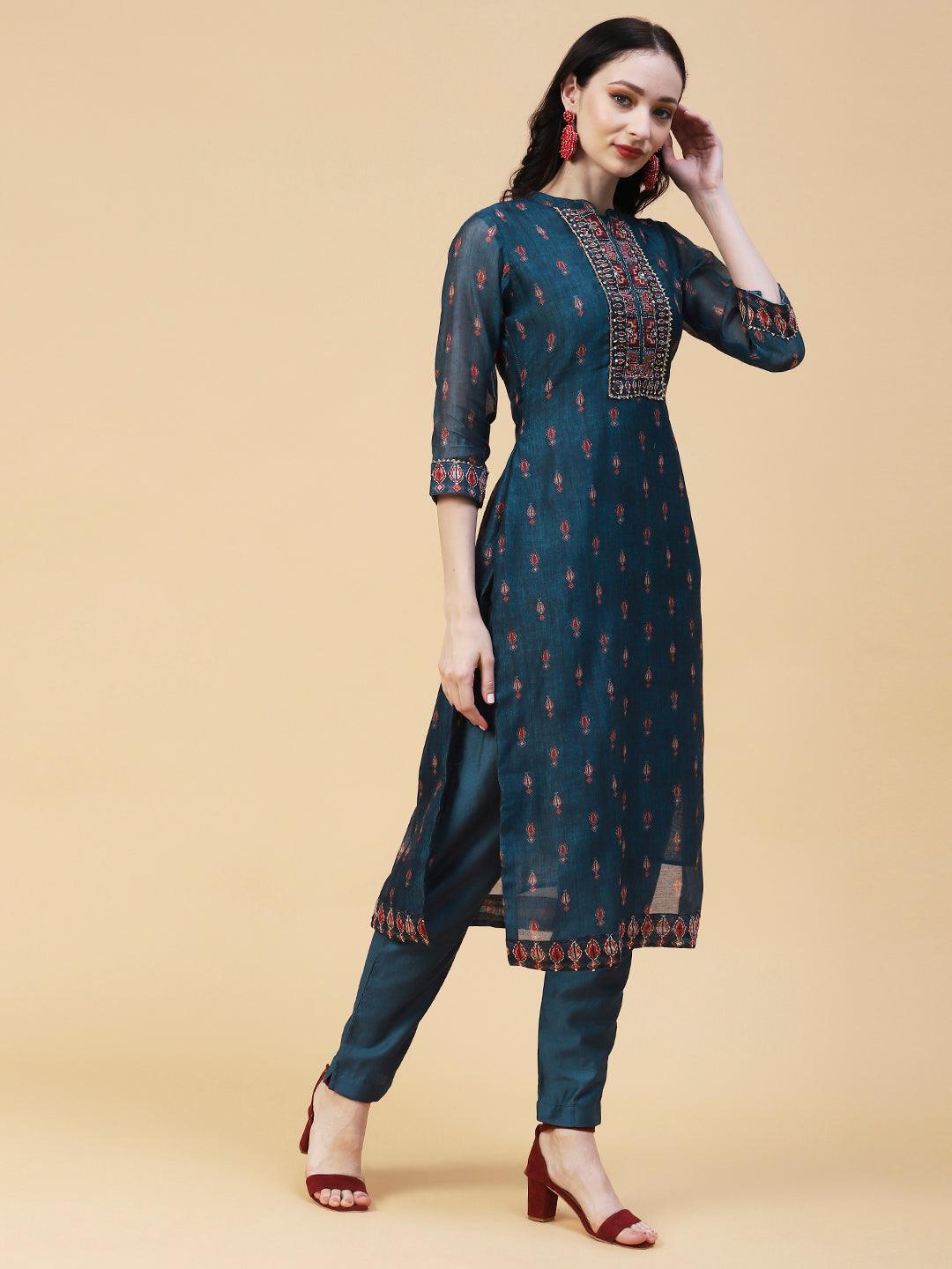 Ethnic Printed & Hand Embroidered Straight Kurta with Pant & Dupatta - Teal Blue - Indiakreations