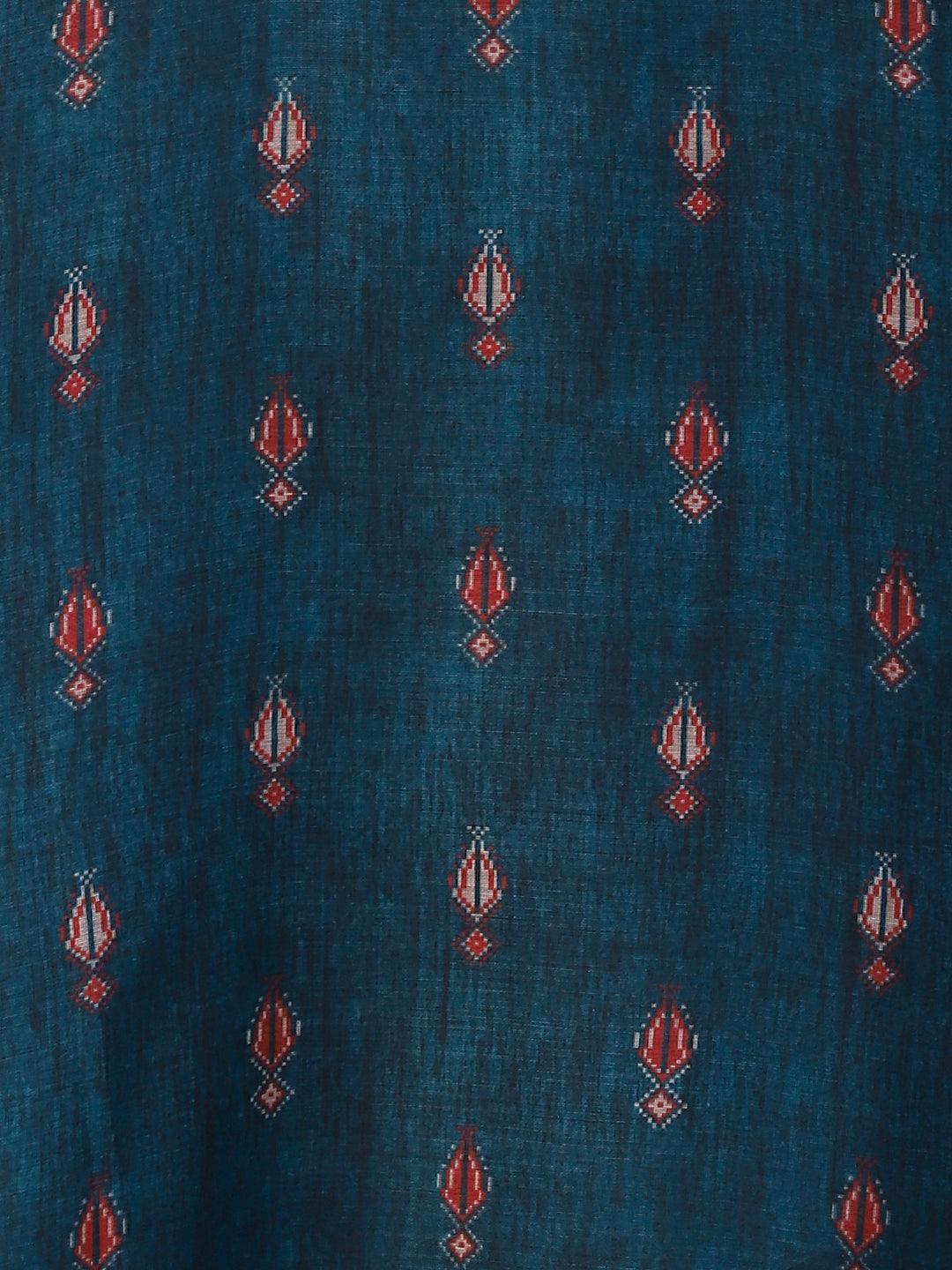 Ethnic Printed & Hand Embroidered Straight Kurta with Pant & Dupatta - Teal Blue - Indiakreations