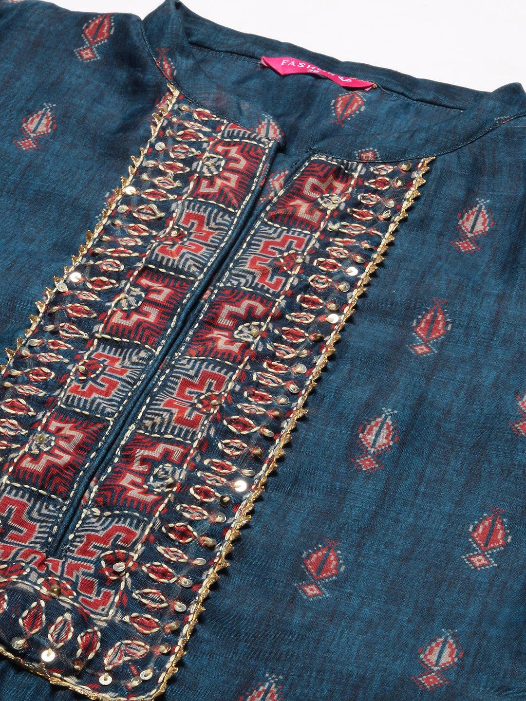 Ethnic Printed & Hand Embroidered Straight Kurta with Pant & Dupatta - Teal Blue - Indiakreations