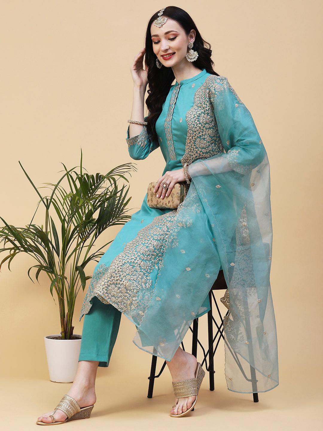 Solid Resham & Sequins Embroidered Scallop Kurta With Pants & Dupatta - Light Teal Blue - Indiakreations