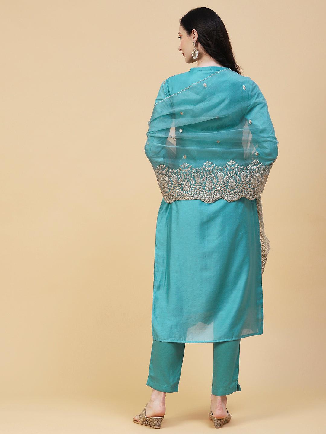 Solid Resham & Sequins Embroidered Scallop Kurta With Pants & Dupatta - Light Teal Blue - Indiakreations