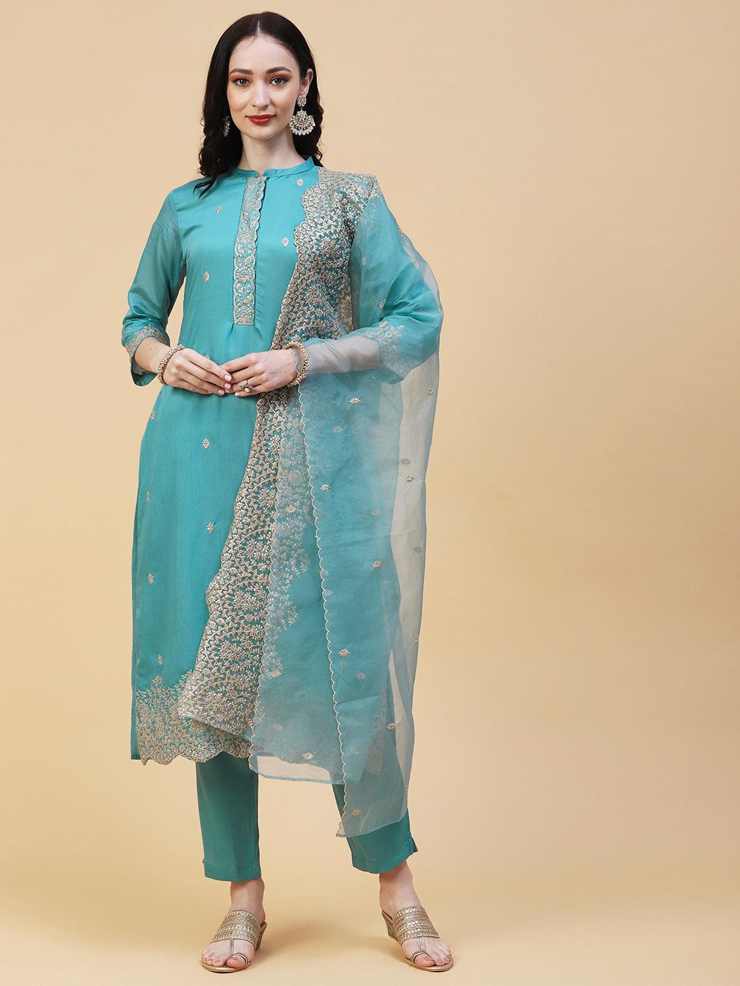 Solid Resham & Sequins Embroidered Scallop Kurta With Pants & Dupatta - Light Teal Blue - Indiakreations