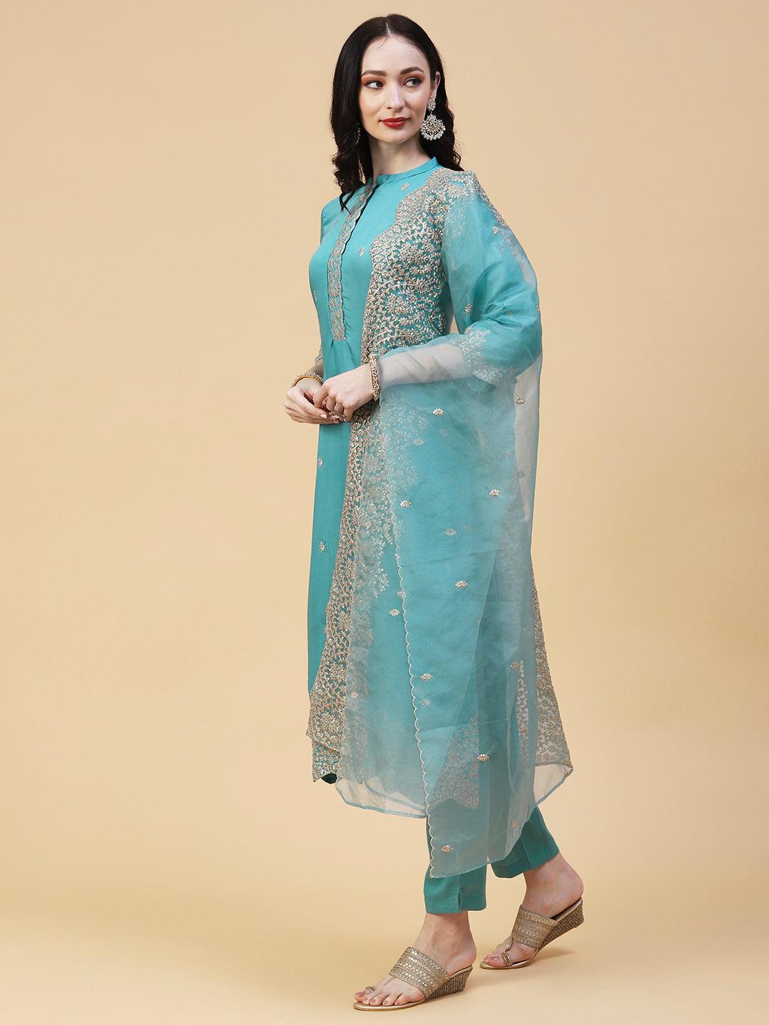 Solid Resham & Sequins Embroidered Scallop Kurta With Pants & Dupatta - Light Teal Blue - Indiakreations