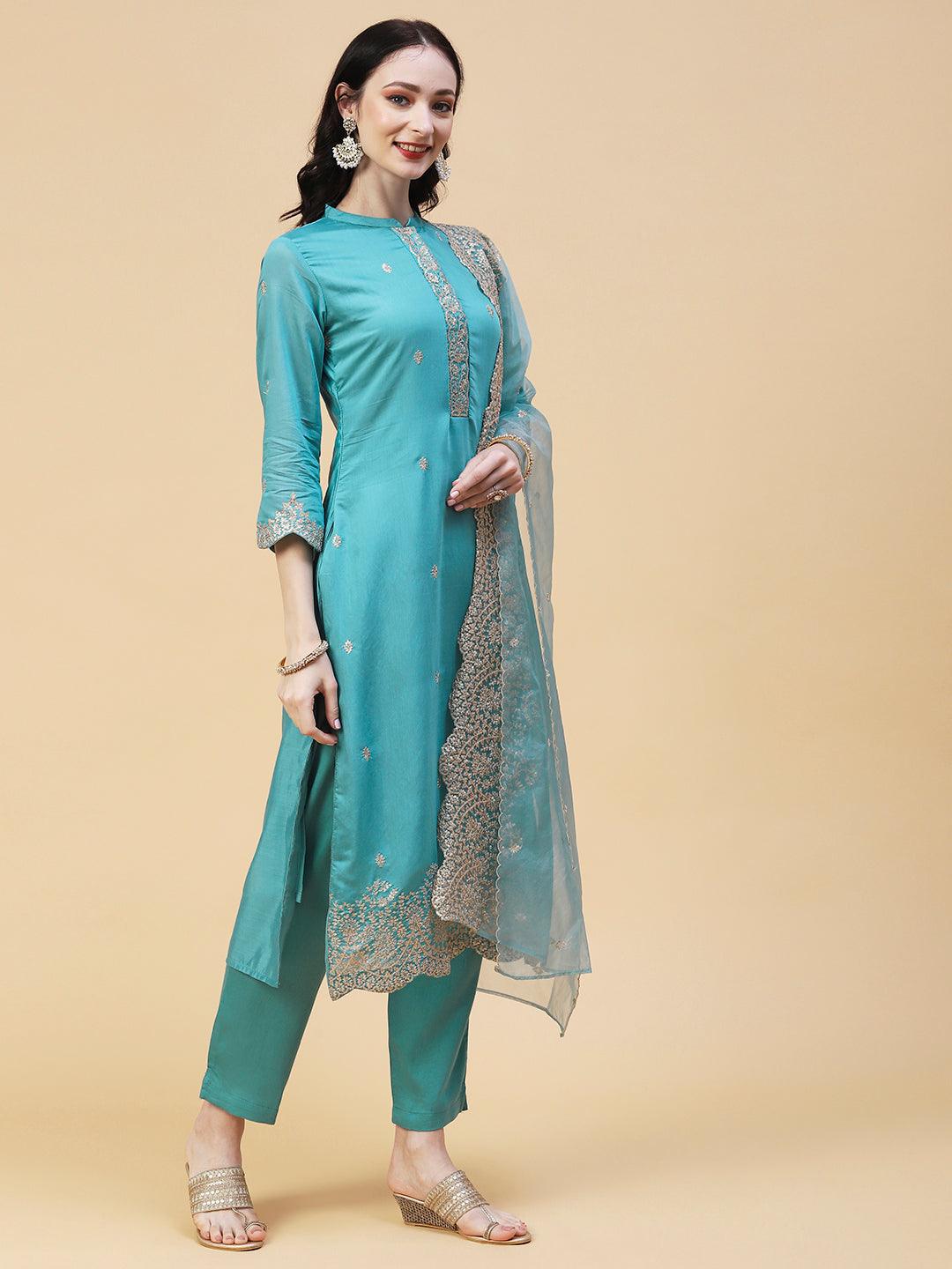 Solid Resham & Sequins Embroidered Scallop Kurta With Pants & Dupatta - Light Teal Blue - Indiakreations