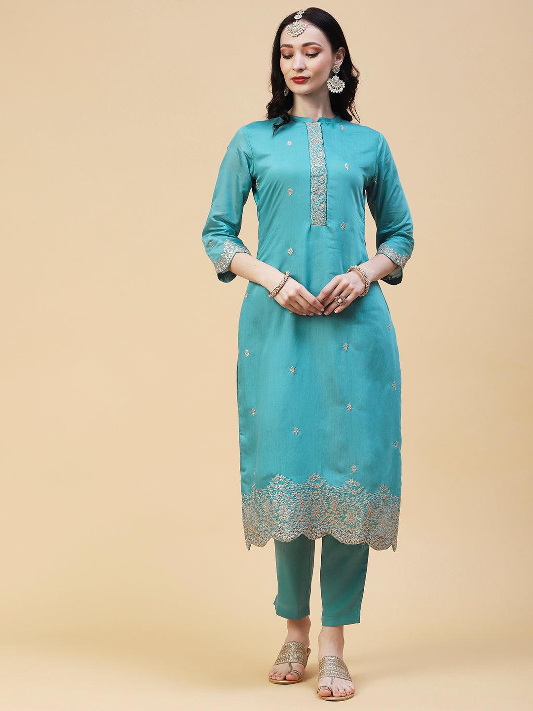 Solid Resham & Sequins Embroidered Scallop Kurta With Pants & Dupatta - Light Teal Blue - Indiakreations