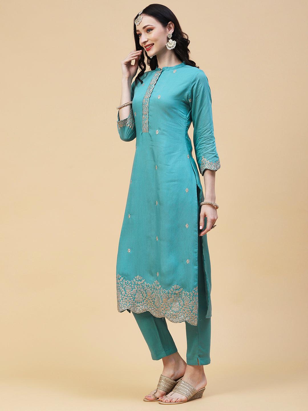 Solid Resham & Sequins Embroidered Scallop Kurta With Pants & Dupatta - Light Teal Blue - Indiakreations