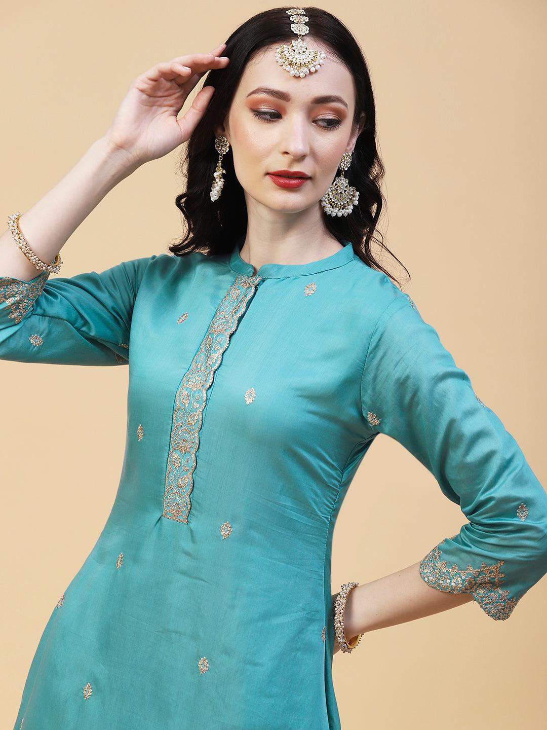 Solid Resham & Sequins Embroidered Scallop Kurta With Pants & Dupatta - Light Teal Blue - Indiakreations