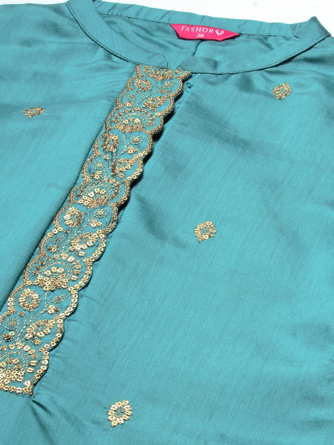 Solid Resham & Sequins Embroidered Scallop Kurta With Pants & Dupatta - Light Teal Blue - Indiakreations