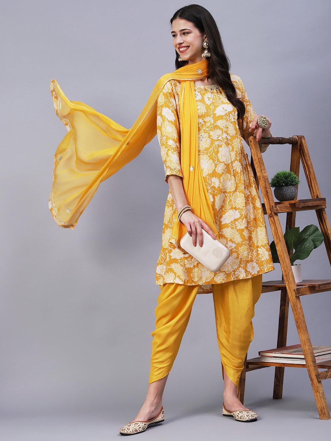 Floral Printed Leather & Resham Embroidered Kurta With Dhoti Pants & Dupatta - Mustard - Indiakreations