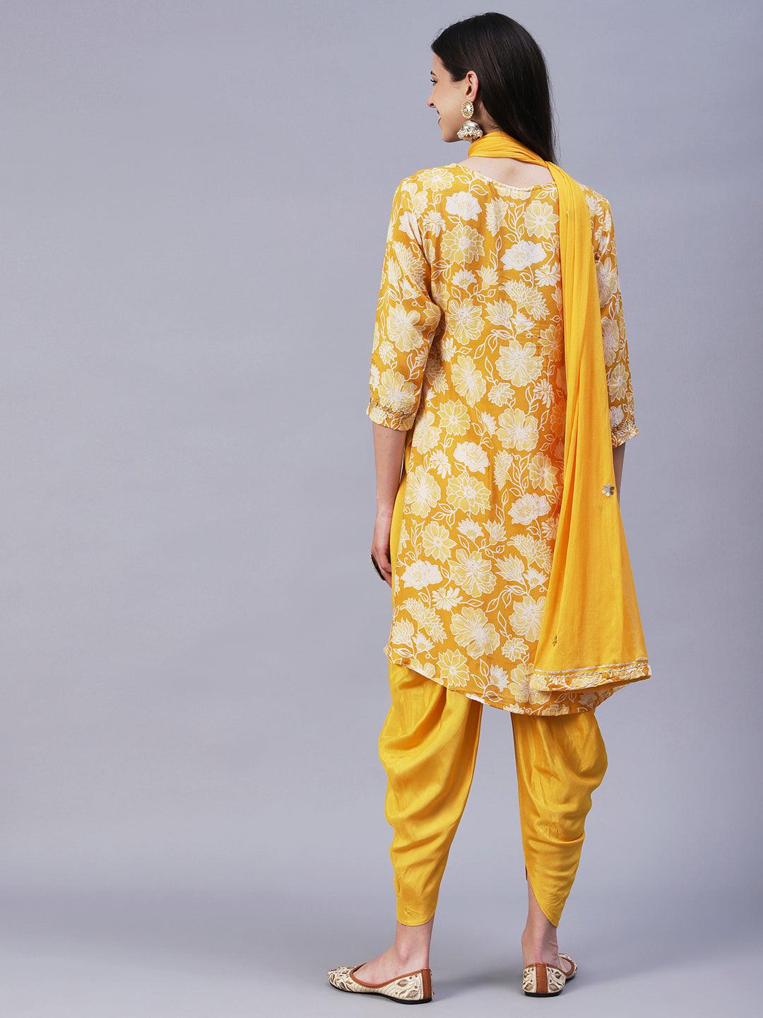 Floral Printed Leather & Resham Embroidered Kurta With Dhoti Pants & Dupatta - Mustard - Indiakreations