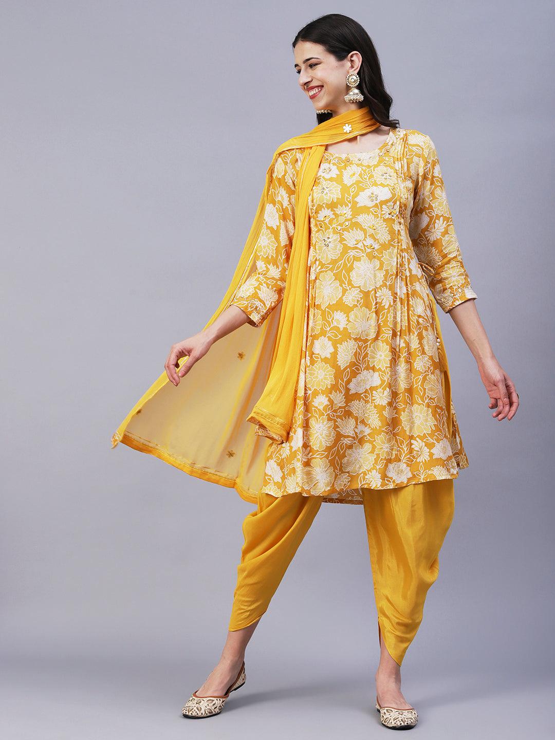 Floral Printed Leather & Resham Embroidered Kurta With Dhoti Pants & Dupatta - Mustard - Indiakreations