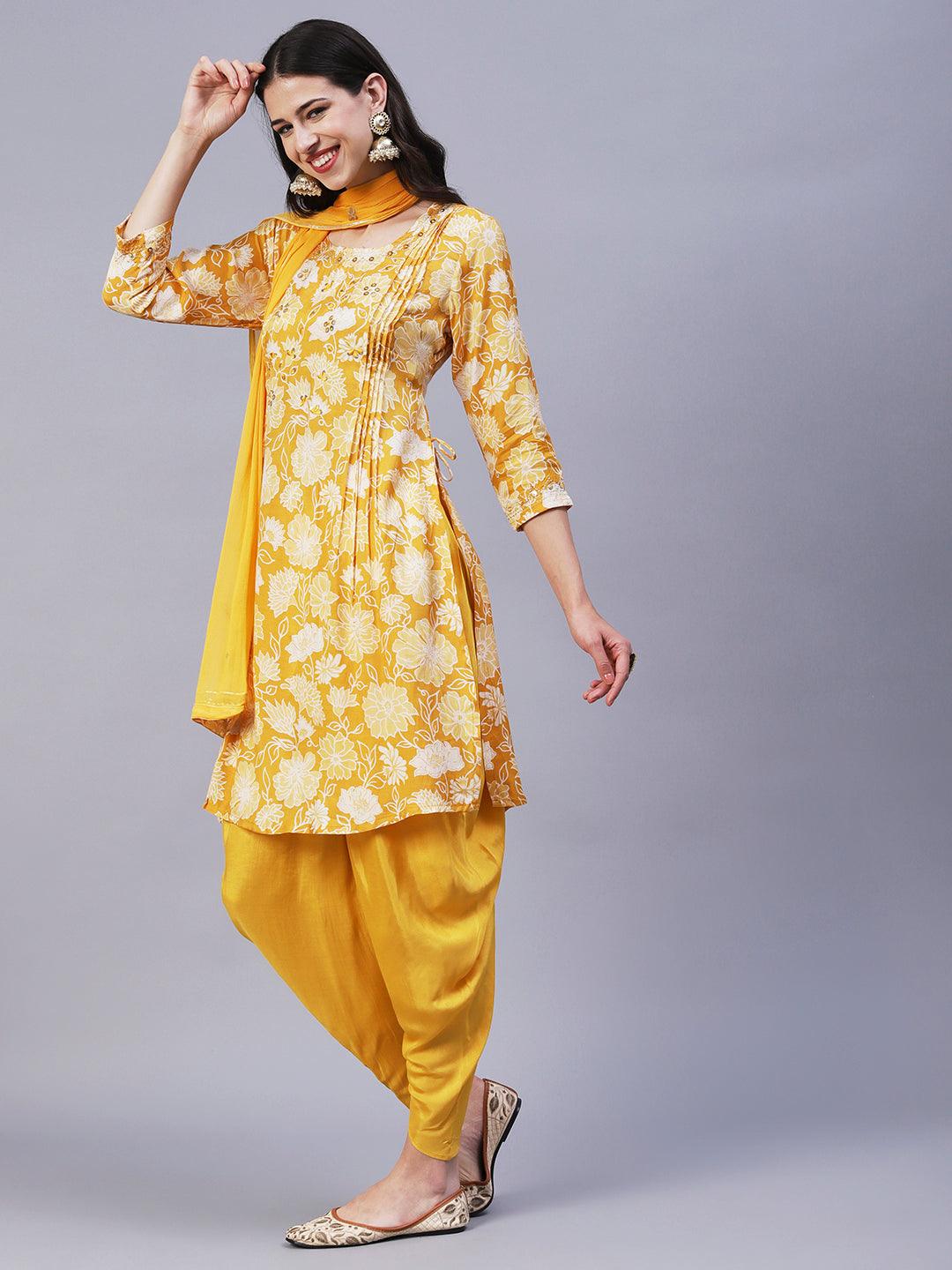 Floral Printed Leather & Resham Embroidered Kurta With Dhoti Pants & Dupatta - Mustard - Indiakreations