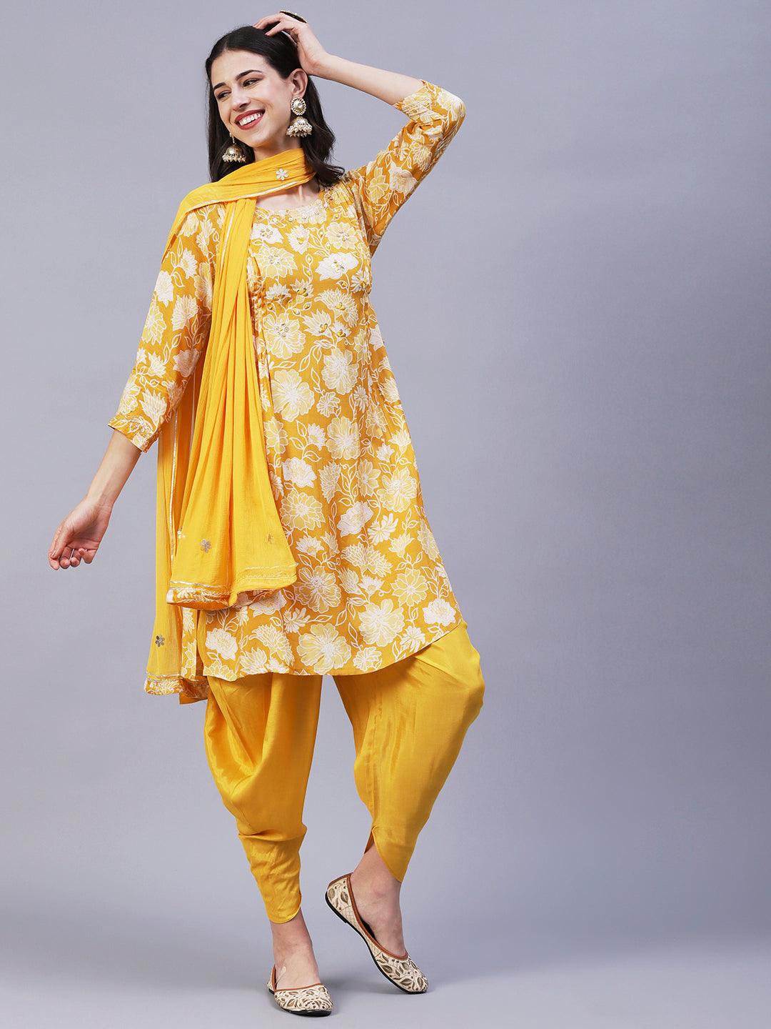 Floral Printed Leather & Resham Embroidered Kurta With Dhoti Pants & Dupatta - Mustard - Indiakreations