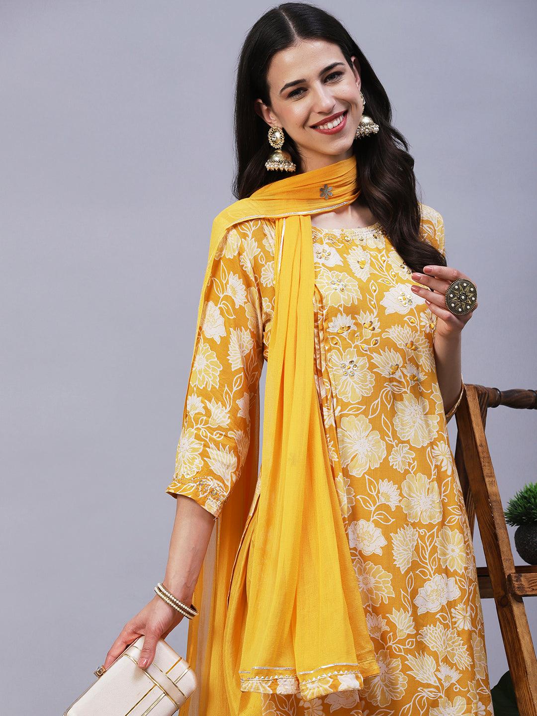 Floral Printed Leather & Resham Embroidered Kurta With Dhoti Pants & Dupatta - Mustard - Indiakreations