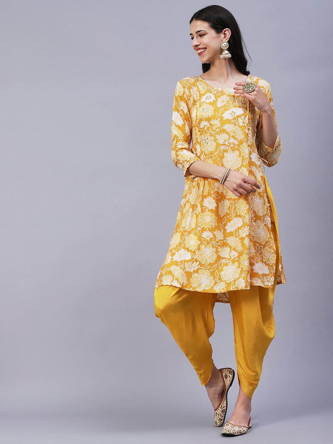 Floral Printed Leather & Resham Embroidered Kurta With Dhoti Pants & Dupatta - Mustard - Indiakreations