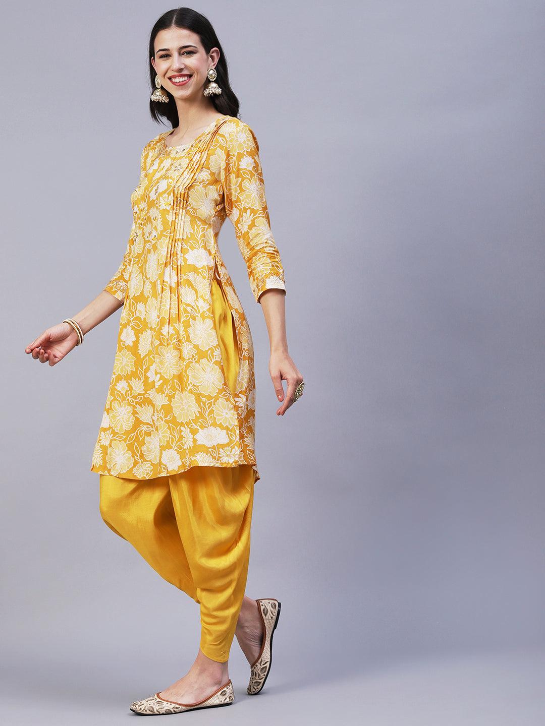 Floral Printed Leather & Resham Embroidered Kurta With Dhoti Pants & Dupatta - Mustard - Indiakreations