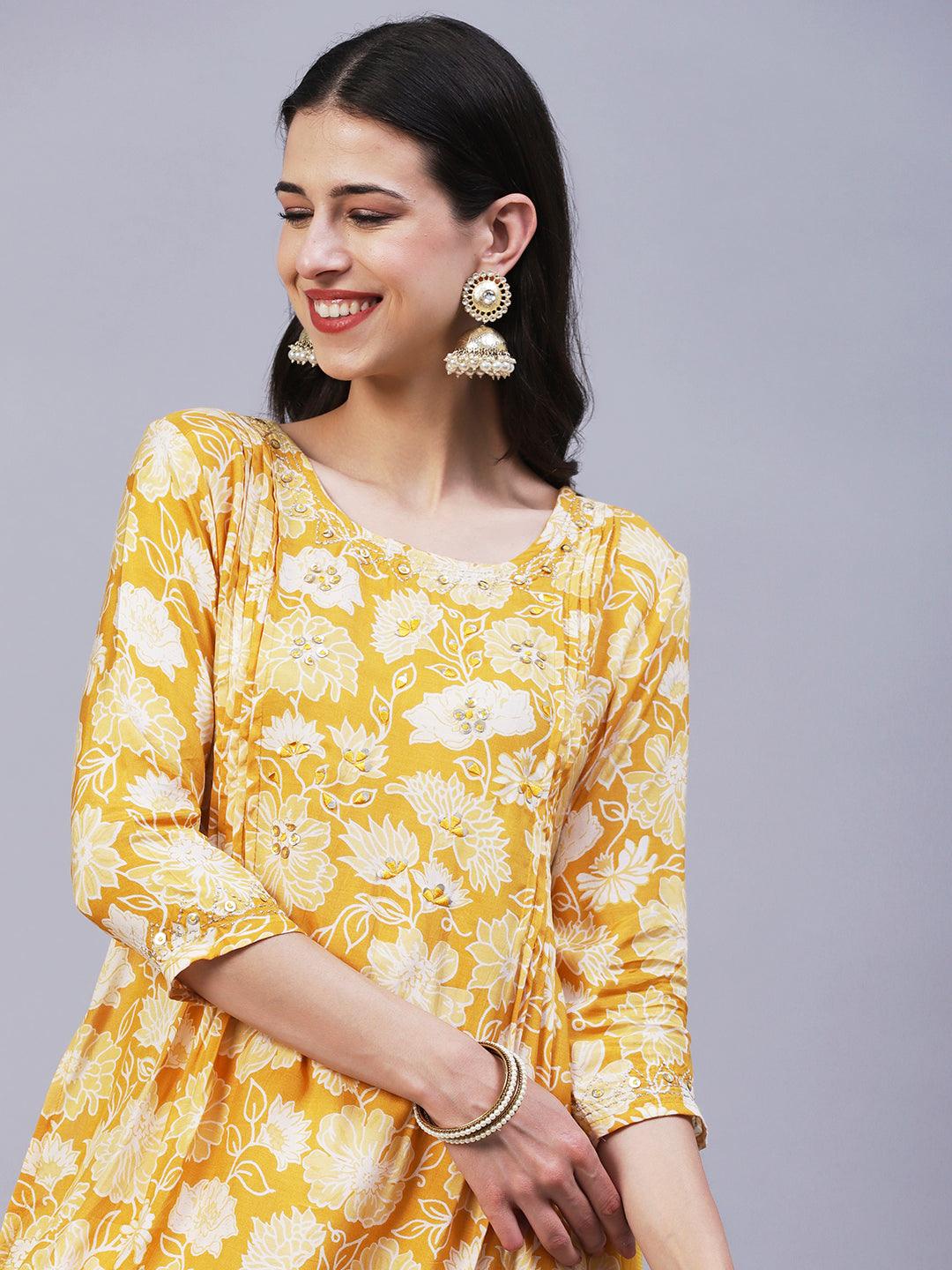 Floral Printed Leather & Resham Embroidered Kurta With Dhoti Pants & Dupatta - Mustard - Indiakreations