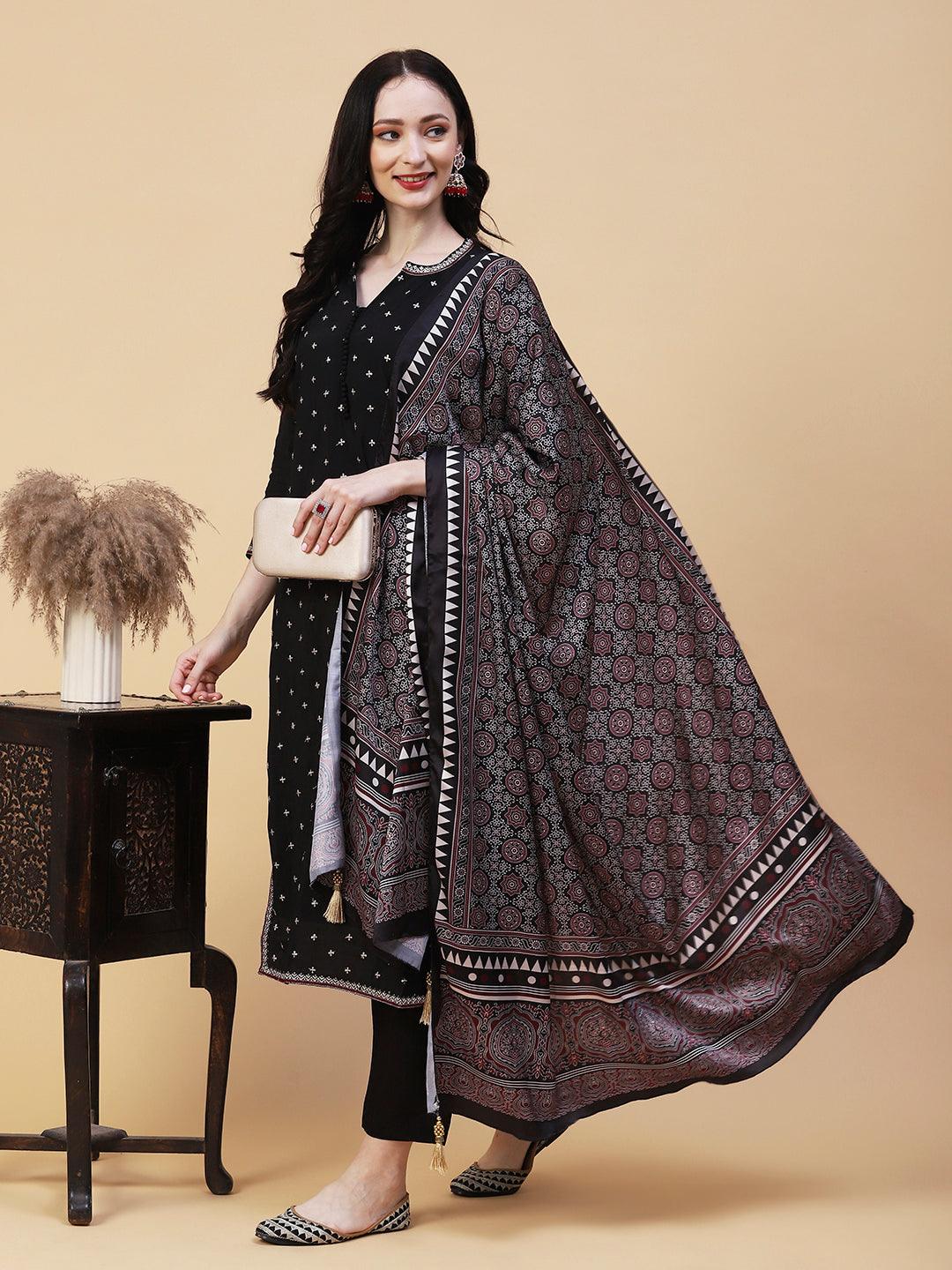 Solid Resham & Sequins Embroidered Kurta With Pants & Ajarakh Dupatta - Black - Indiakreations