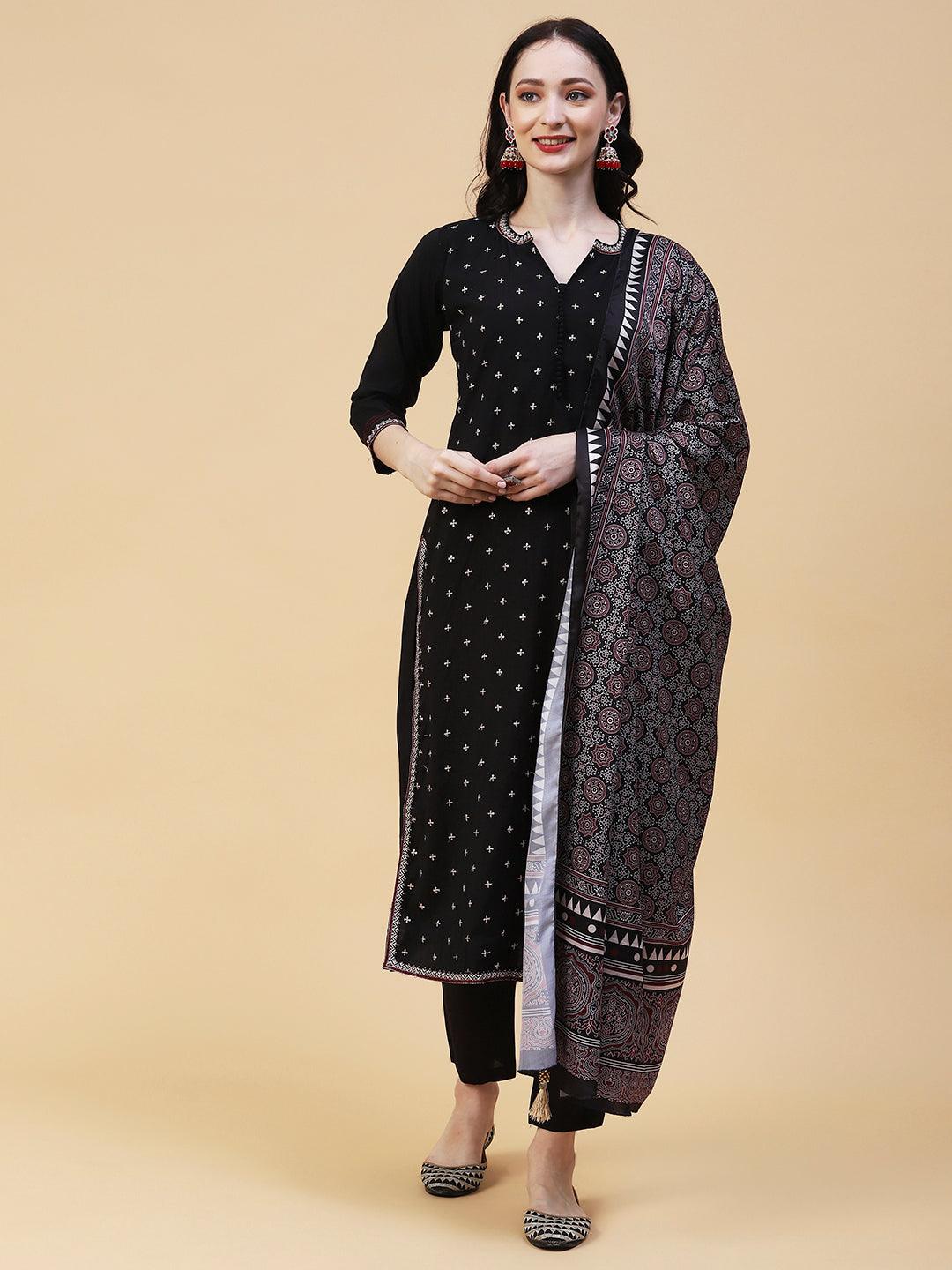 Solid Resham & Sequins Embroidered Kurta With Pants & Ajarakh Dupatta - Black - Indiakreations