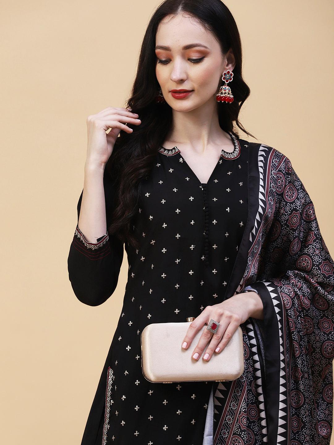 Solid Resham & Sequins Embroidered Kurta With Pants & Ajarakh Dupatta - Black - Indiakreations