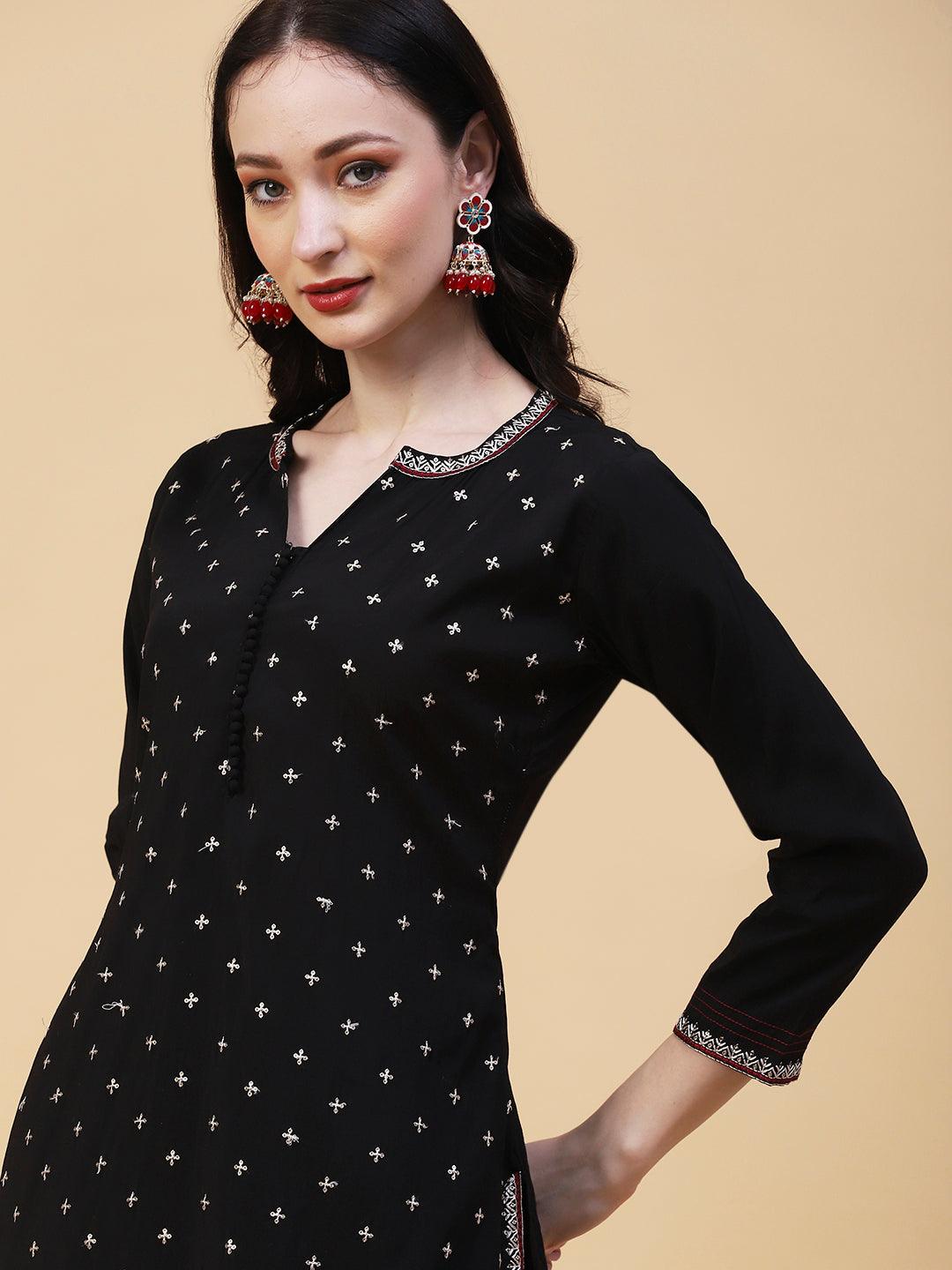 Solid Resham & Sequins Embroidered Kurta With Pants & Ajarakh Dupatta - Black - Indiakreations