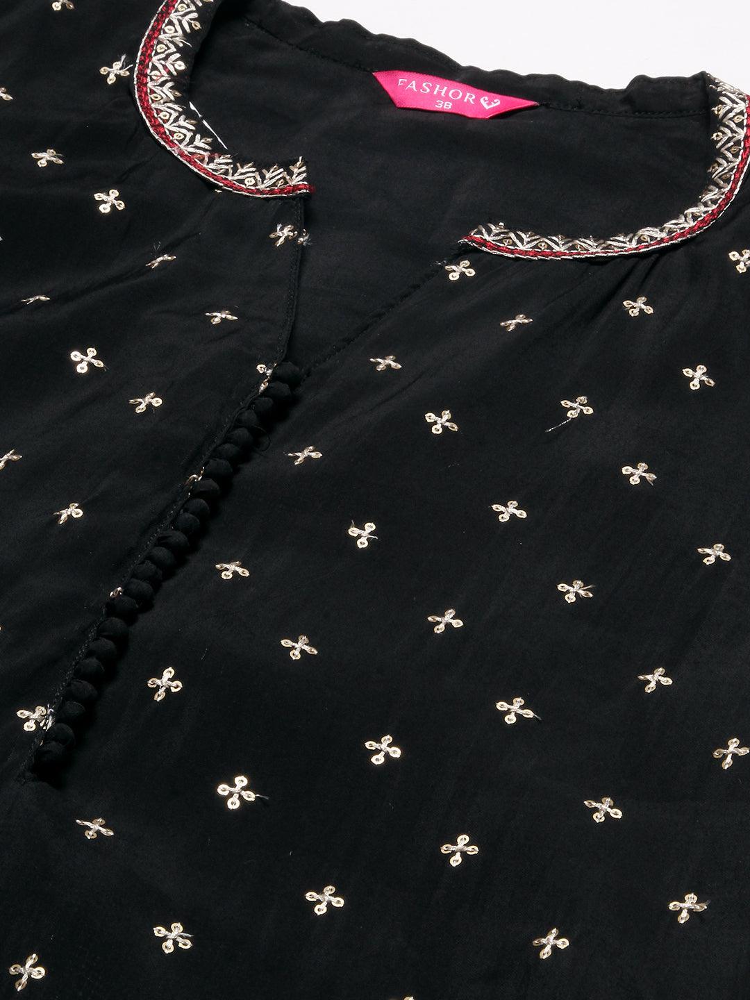 Solid Resham & Sequins Embroidered Kurta With Pants & Ajarakh Dupatta - Black - Indiakreations