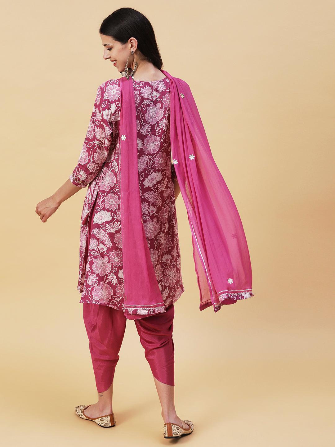 Floral Printed Leather & Resham Embroidered Kurta With Dhoti Pants & Dupatta - Light Mauve - Indiakreations