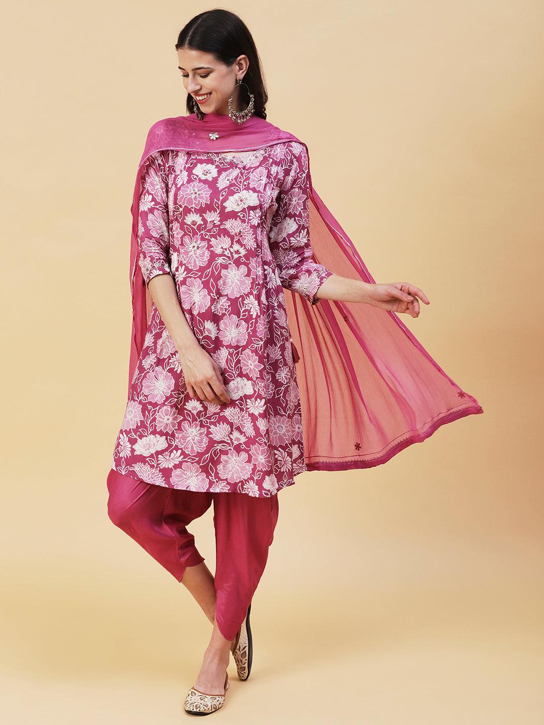 Floral Printed Leather & Resham Embroidered Kurta With Dhoti Pants & Dupatta - Light Mauve - Indiakreations