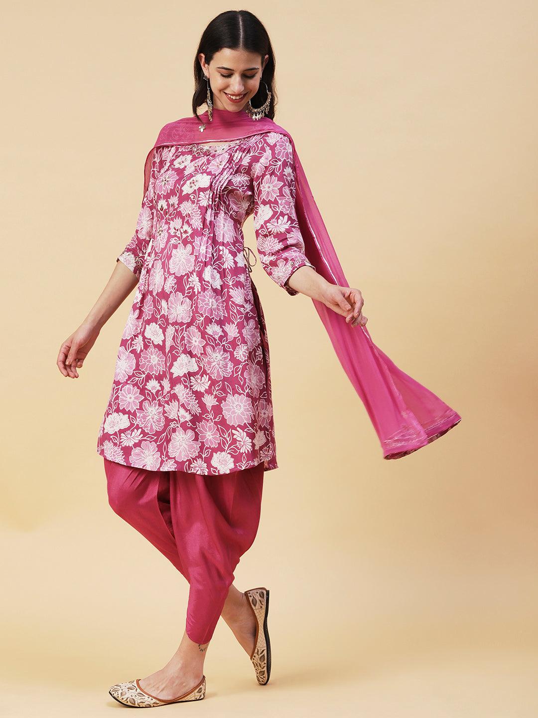 Floral Printed Leather & Resham Embroidered Kurta With Dhoti Pants & Dupatta - Light Mauve - Indiakreations