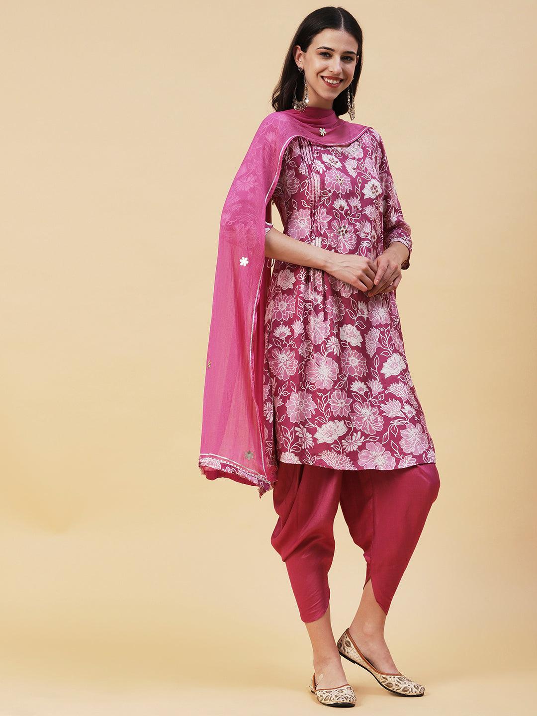 Floral Printed Leather & Resham Embroidered Kurta With Dhoti Pants & Dupatta - Light Mauve - Indiakreations