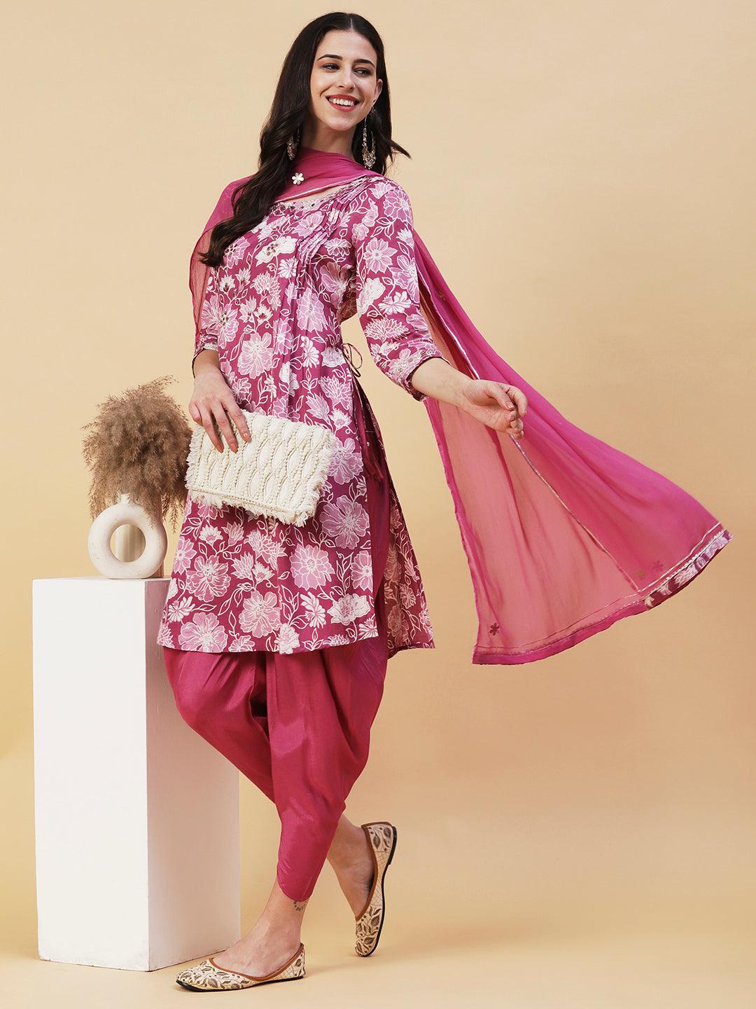 Floral Printed Leather & Resham Embroidered Kurta With Dhoti Pants & Dupatta - Light Mauve - Indiakreations