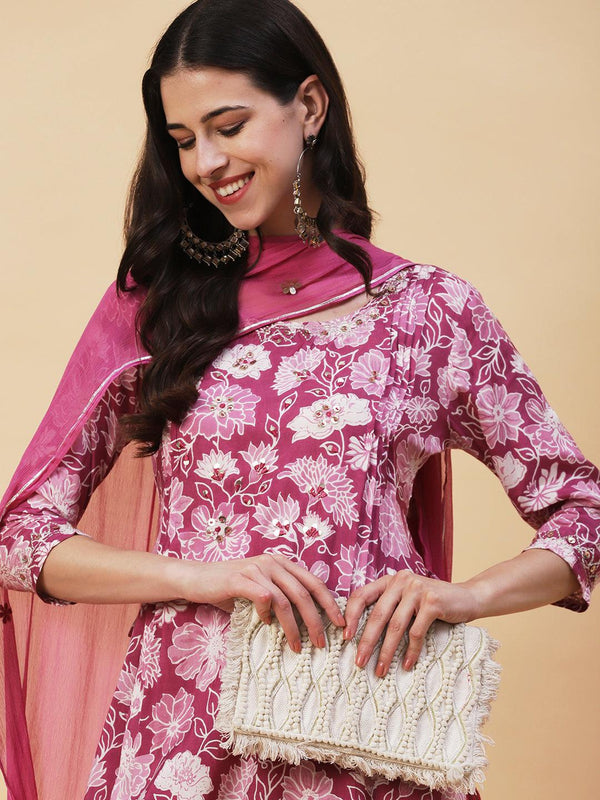 Floral Printed Leather & Resham Embroidered Kurta With Dhoti Pants & Dupatta - Light Mauve - Indiakreations