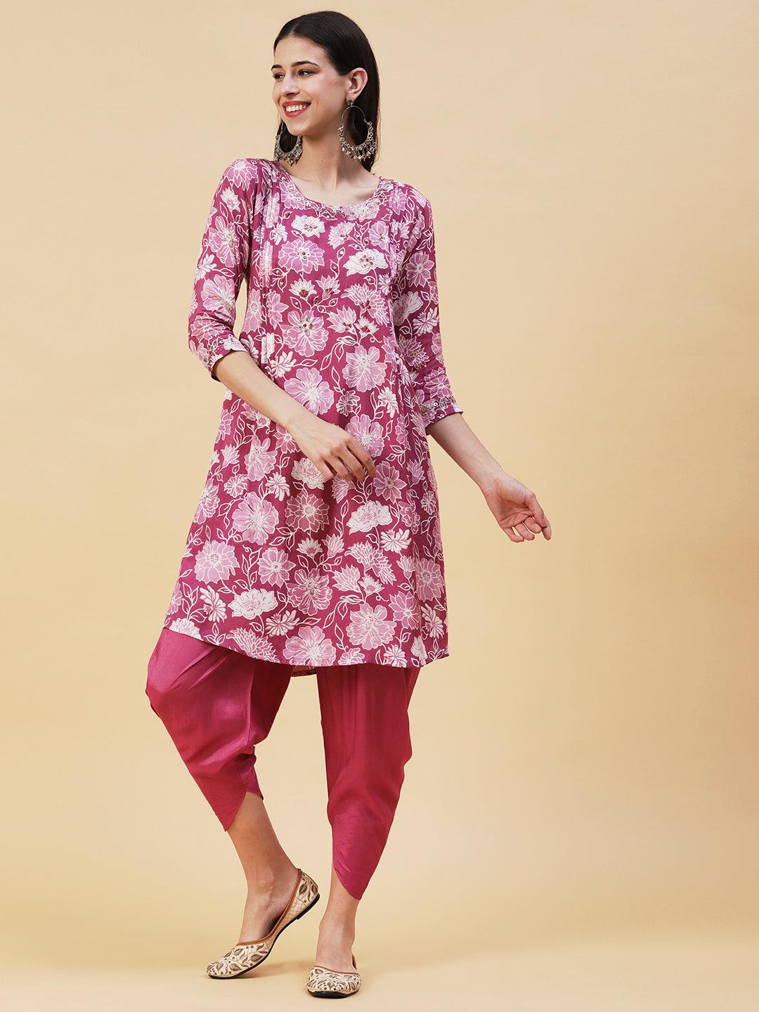 Floral Printed Leather & Resham Embroidered Kurta With Dhoti Pants & Dupatta - Light Mauve - Indiakreations