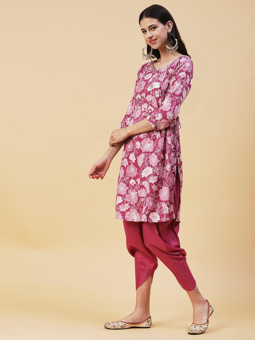 Floral Printed Leather & Resham Embroidered Kurta With Dhoti Pants & Dupatta - Light Mauve - Indiakreations