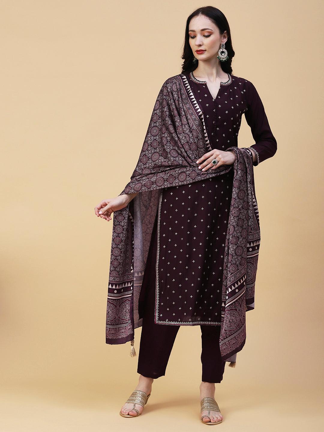 Solid Resham & Sequins Embroidered Kurta With Pants & Ajarakh Dupatta - Mauve - Indiakreations