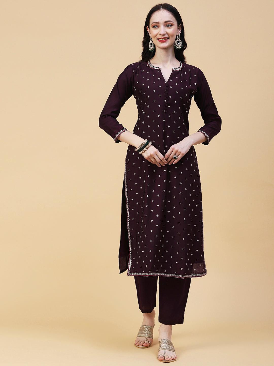 Solid Resham & Sequins Embroidered Kurta With Pants & Ajarakh Dupatta - Mauve - Indiakreations