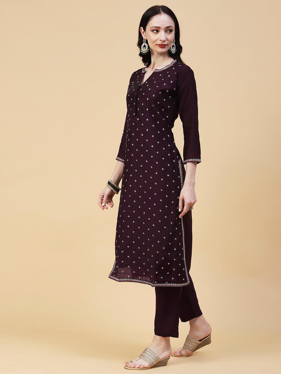 Solid Resham & Sequins Embroidered Kurta With Pants & Ajarakh Dupatta - Mauve - Indiakreations