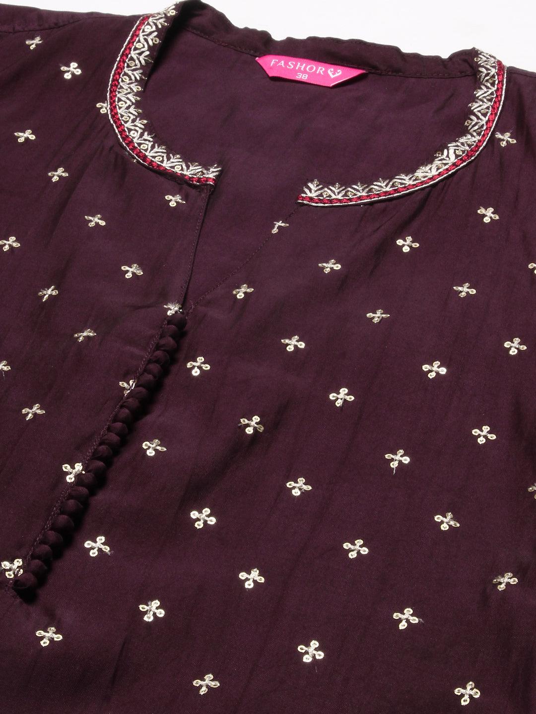 Solid Resham & Sequins Embroidered Kurta With Pants & Ajarakh Dupatta - Mauve - Indiakreations