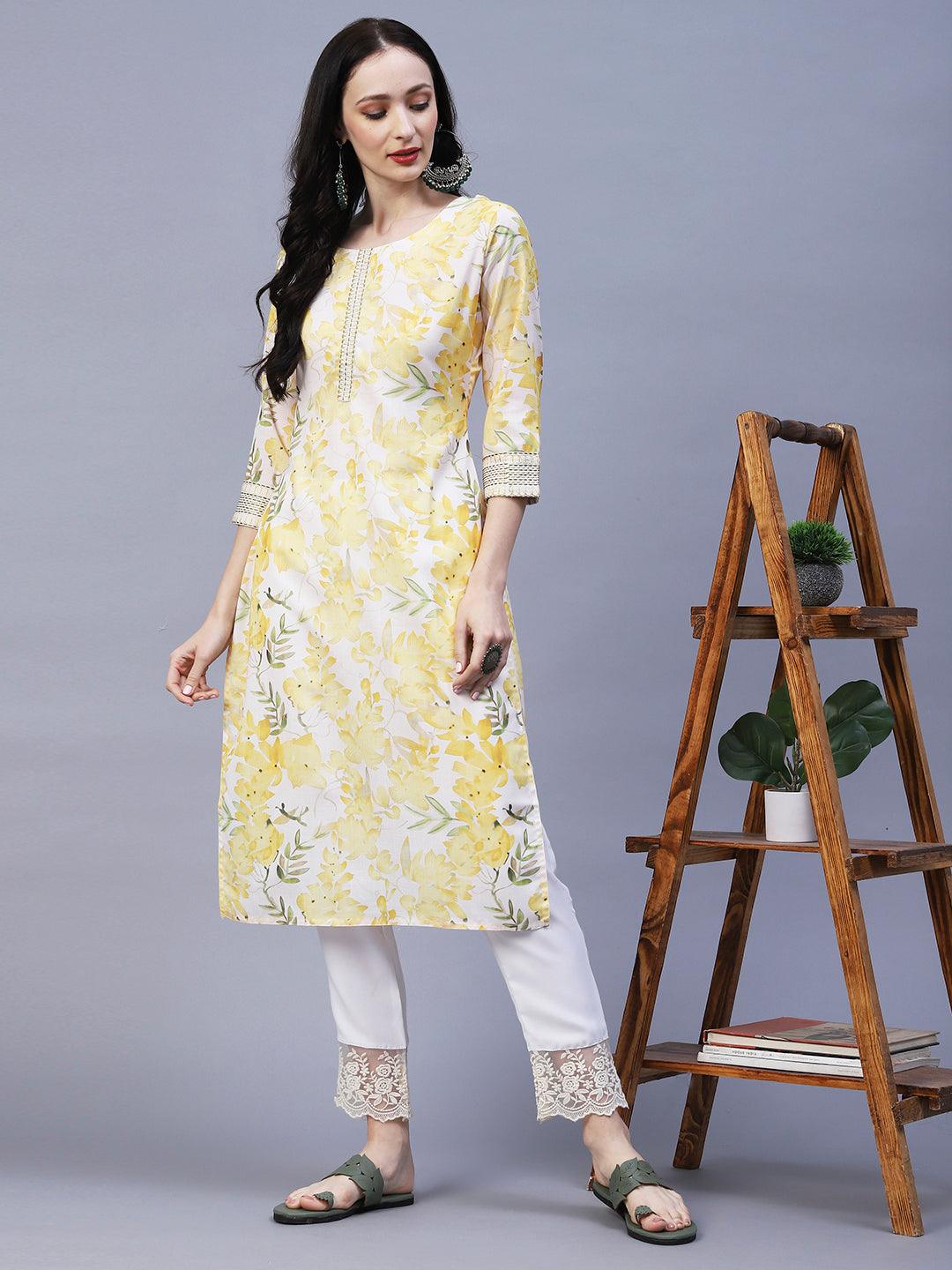 Floral Printed & Embroidered Straight Fit Kurta - Yellow - Indiakreations