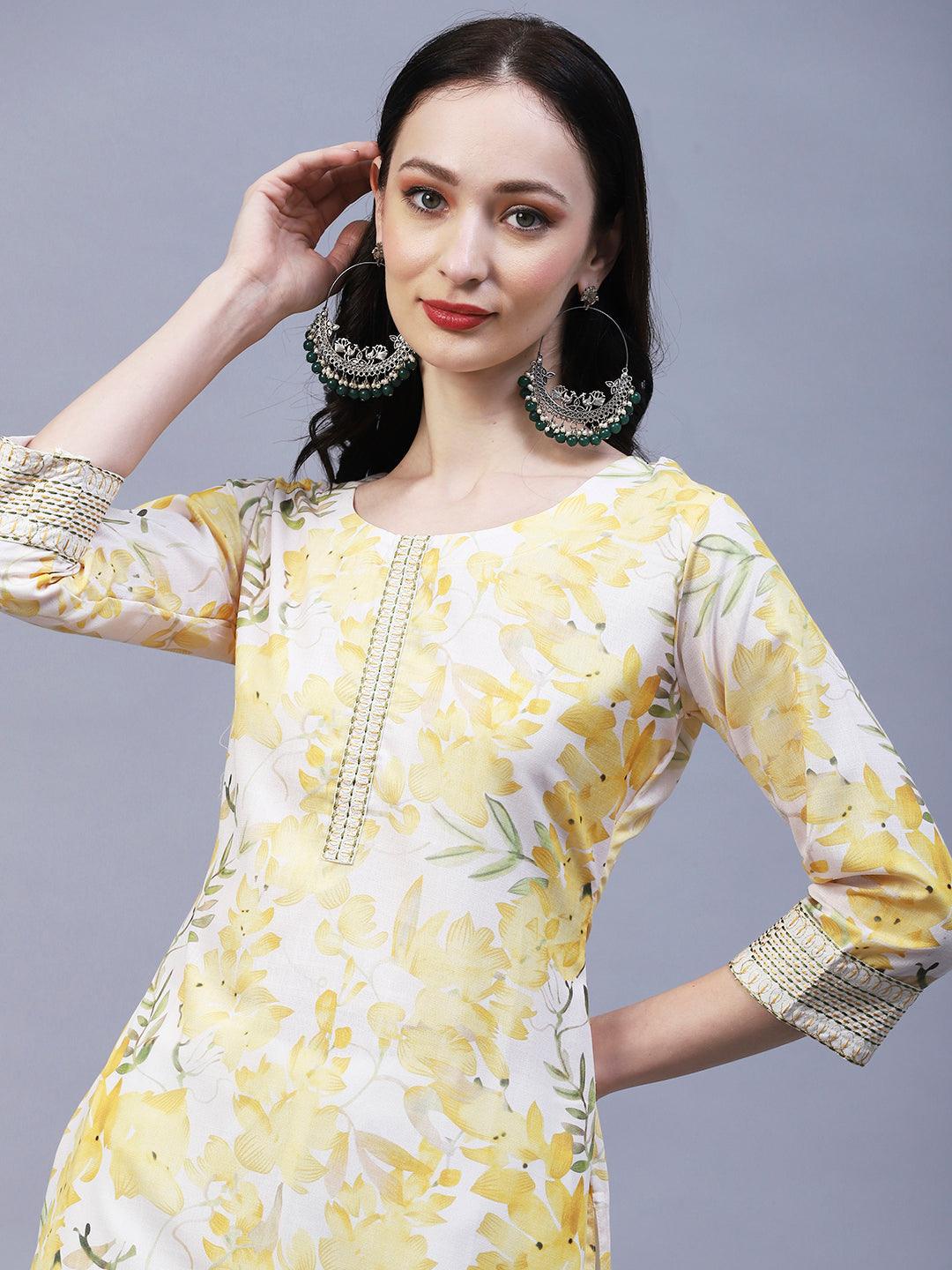 Floral Printed & Embroidered Straight Fit Kurta - Yellow - Indiakreations