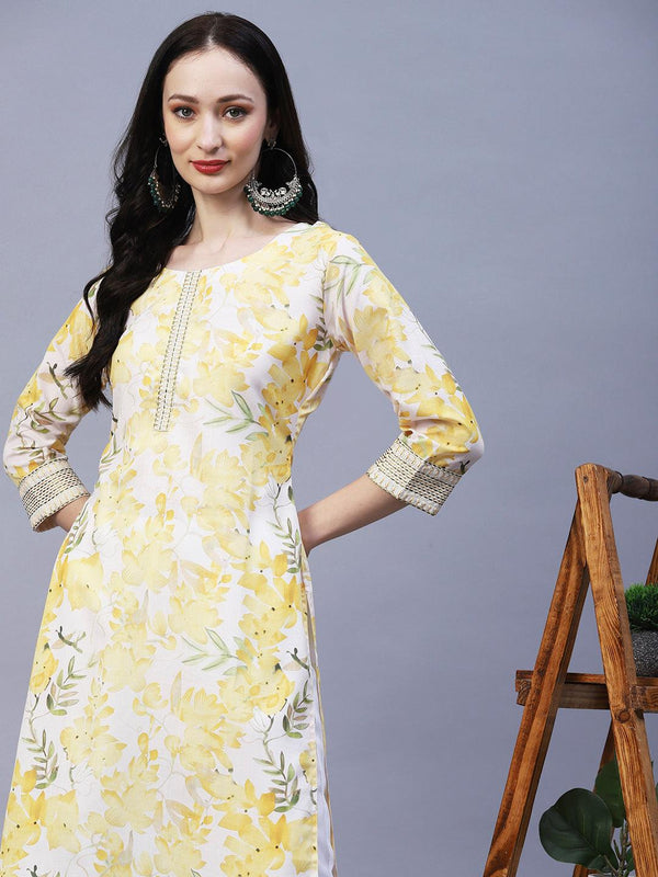 Floral Printed & Embroidered Straight Fit Kurta - Yellow - Indiakreations