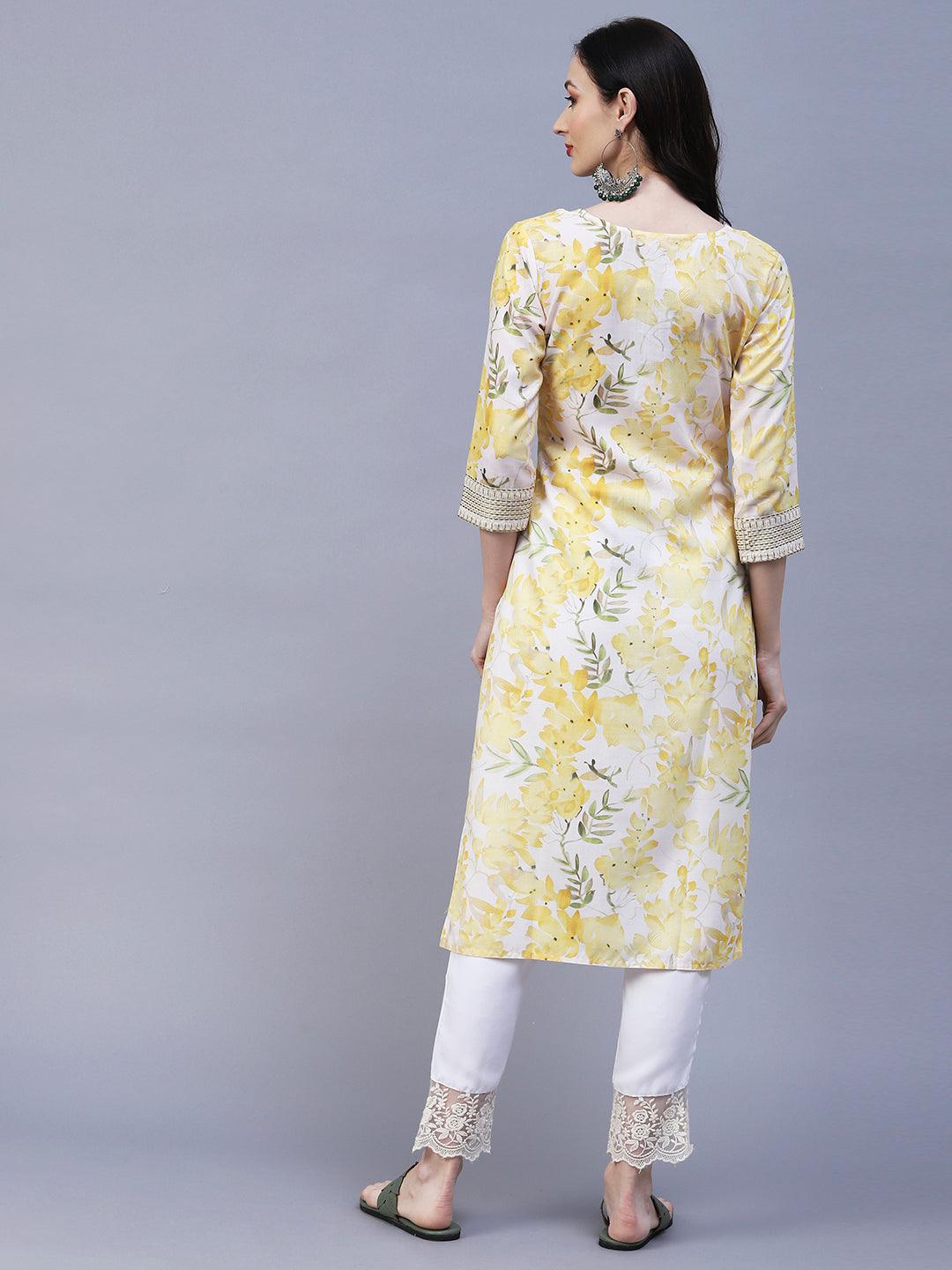 Floral Printed & Embroidered Straight Fit Kurta - Yellow - Indiakreations